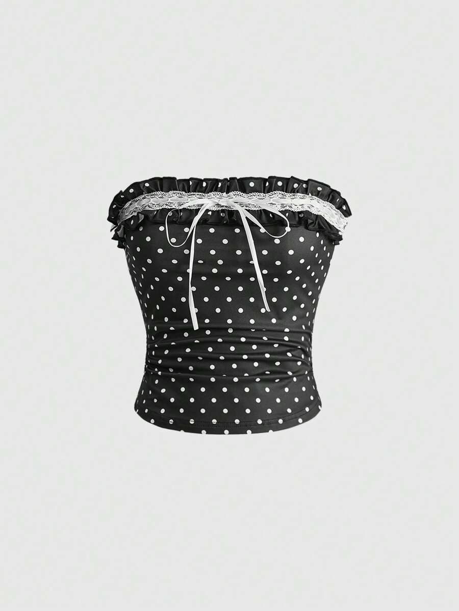 Sweetness Women's Cute Sweet Ruffled Polka Dot Print Contrast Color Lace Bow Bandeau Top Party Night Black And White Polka Dot Summer - Black - View 1