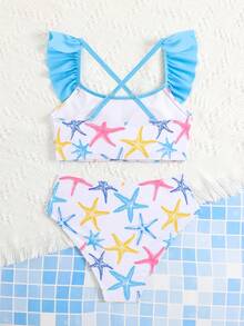SHEIN Tween Girls Starfish Pattern Ruffle Trim Bikini Sets, Summer Beach Holiday - Multicolor - View 2