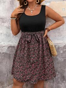 SHEIN VCAY Plus Size Women Leisure Holiday Floral Patchwork Dress Summer Outfits Country Rave Festival Beach Vacation Sundress Boho Black - Multicolor - View 5