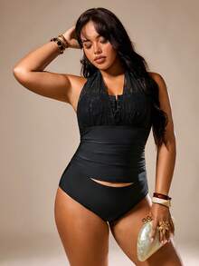 SHEIN Privé Plus Size Women's Summer Beach Party Solid Color Ruched Fashion Halter Neck Tankini Set Bathing Suits Sexy Elegant Black - Black - View 3