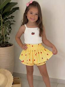 Emery Rose Kids Emery Rose Kids Set Atasan Camisole Bergaris-garis dengan Bordir Stroberi Kecil dan Celana Pendek Berumbai untuk Anak Perempuan - Kuning - View 11