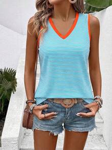 EMERY ROSE Women's Spring/Summer New V-Neck Bestselling Striped Print Pattern Colorblock Design Casual Versatile Tank Top - Multicolor - View 5