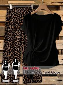 SHEIN Tall CURVE 大尺碼素色百褶綁帶圓領T恤與豹紋寬鬆休閒長褲兩件組 - 彩色 - 查看 1