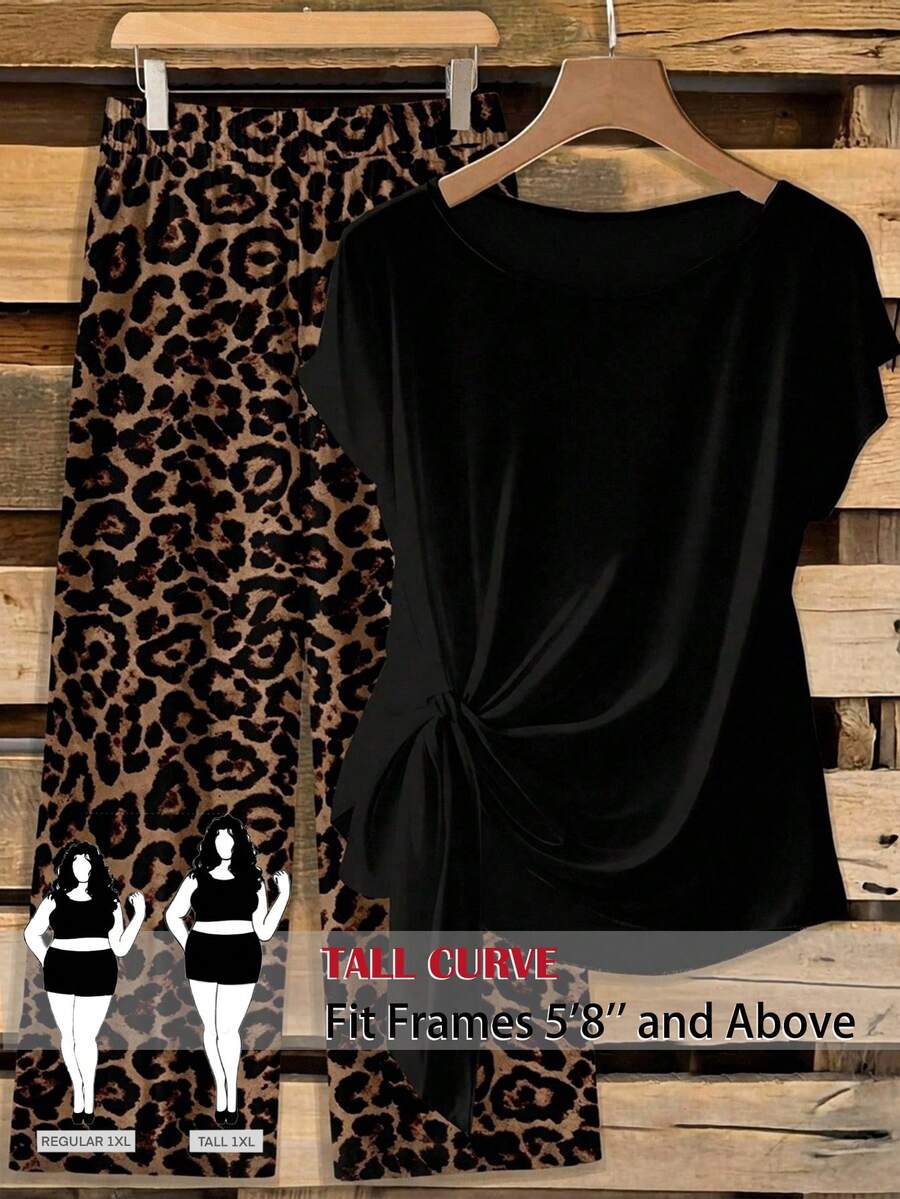SHEIN Tall CURVE 大尺碼素色百褶綁帶圓領T恤與豹紋寬鬆休閒長褲兩件組 - 彩色 - 查看 1