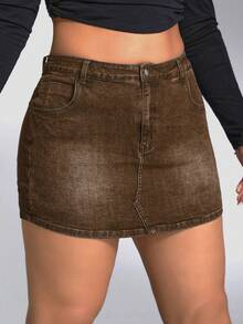 SHEIN ICON Plus Size Women's Pocket Button Casual Versatile Daily Travel Denim Skort - Brown - View 5