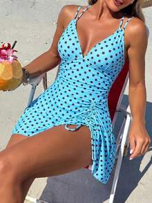 Swim Vcay 女款夏季海灘套裝 花卉印花抽繩交叉肩帶V領抓皺裙褲 性感度假泳裙 - 藍色 - 查看 1