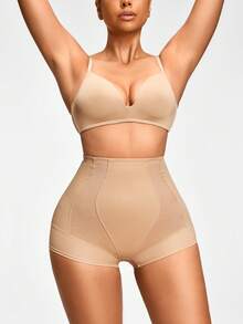 SHAPORA Women's High Waisted Tummy Control Apricot Knitted Fabric Shapewear Shorts With Butt-Lift Effect - Apricot - View 4