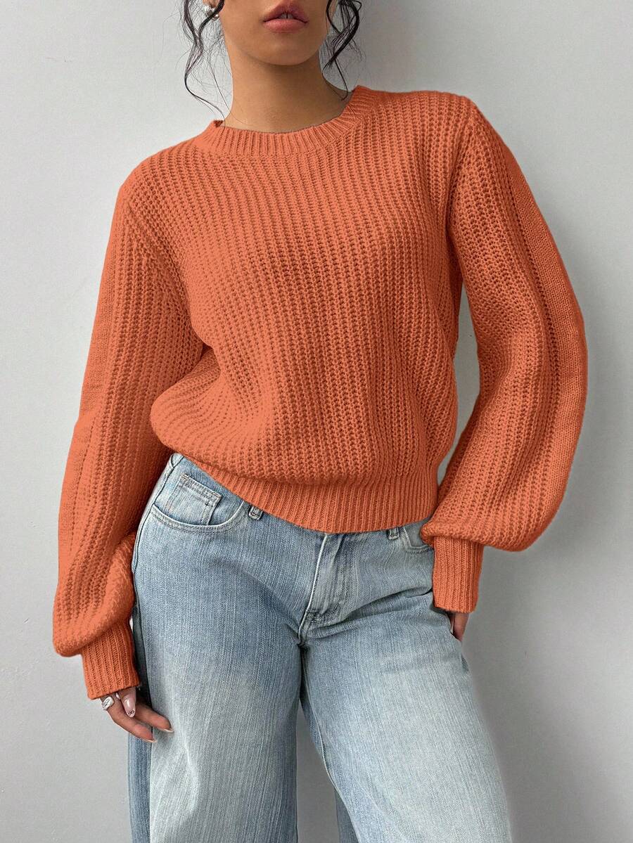 SHEIN BASICS 女款素色圓領長袖休閒寬鬆百搭毛衣 - 橘色 - 查看 1