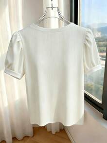 Franclia 女士休闲通勤简约纯色V领衬衫，女士T恤，夏季，适合日常穿着，白色上衣，夏季，优雅都市风，通勤风格，法式浪漫风，夏季，夏季穿搭，夏季上衣，春假穿搭，海滩，女士海滩穿搭，户外上衣，户外穿搭，女士优雅衬衫，女士度假穿搭，夏季度假穿搭，度假，女士休闲上衣，白色上衣，白色衬衫，女士白色衬衫 - 白色 - 查看 2