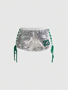ROMWE Y2K Sporty Colorblock Sequin Ultra Low Waist Mini Women's Shorts Party Clubbing Green Summer Sexy Disco - Silver - View 1