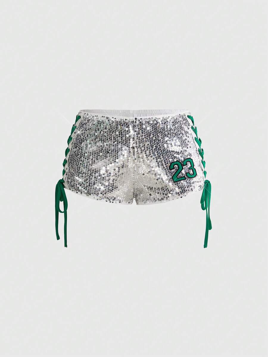 ROMWE Y2K Sporty Colorblock Sequin Ultra Low Waist Mini Women's Shorts Party Clubbing Green Summer Sexy Disco - Silver - View 1
