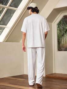 Whitmere Men's Round Neck Mid-Sleeve T-Shirt And Drawstring Waist Wide Leg Pants Casual Daily Suit - Light Grey - View 2
