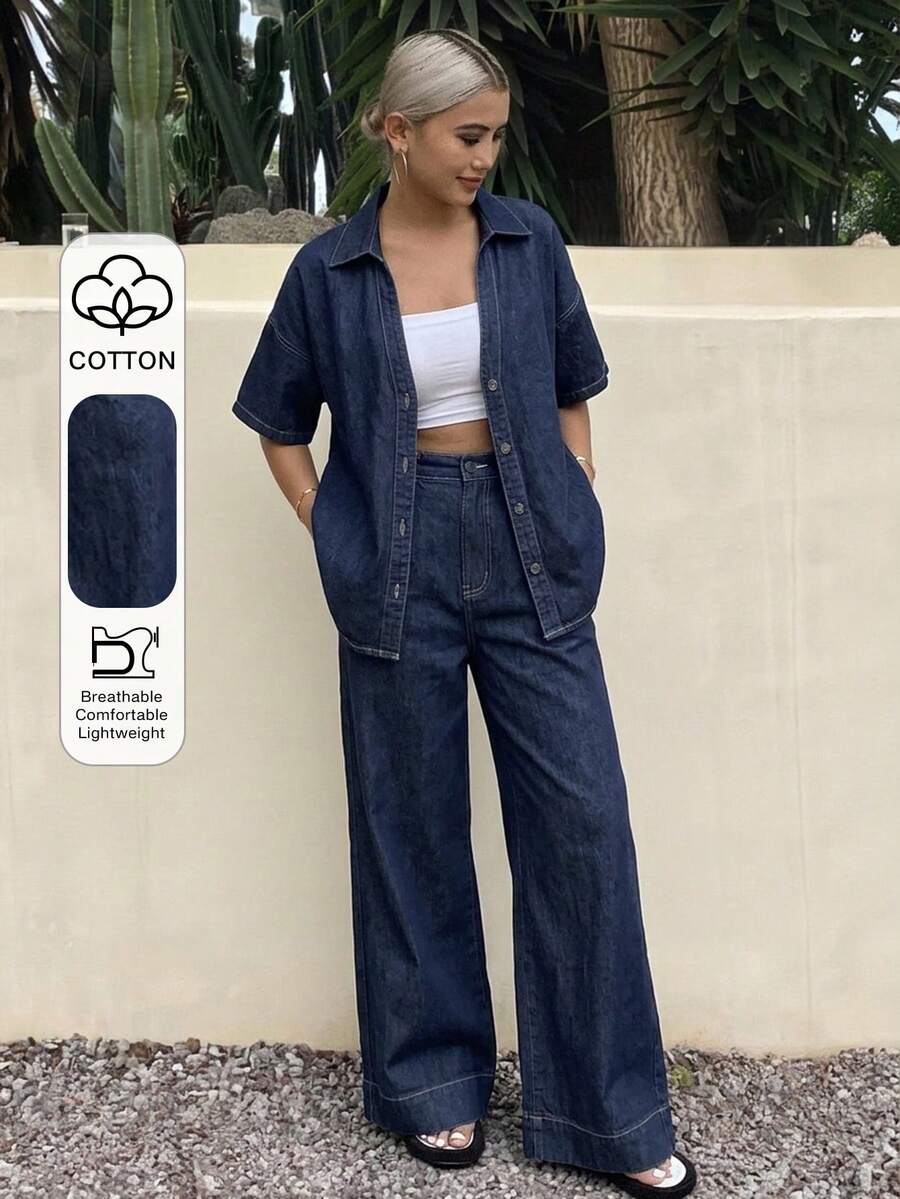 DAZY 女款單排扣中袖上衣與長褲休閒牛仔套裝，旅行海軍藍夏季風格 - 藍色 - 查看 1