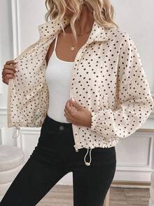 SHEIN LUNE Chaqueta casual de mujer para vacaciones de verano, ir al trabajo y uso diario, básica de moda, con lunares, para otoño/invierno, corta, con bolsillos y cremallera - Albaricoque - Ver 7