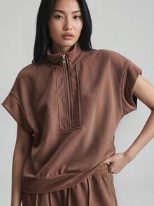 Ontre 2026SS New Women's 2-Piece Set, Shades Of Brown, Summer, Casual, Lounge, Modern Elegant Split Sleeve Shirt Dress, Urban Chic Business Office Wear - Brown - View 2