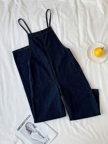 SHEIN PETITE 小碼女款口袋設計休閒簡約寬腿牛仔連身褲 夏季穿搭 野餐 工作 日常旅行開學季 海軍藍 - 藍色 - 查看 6
