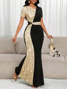 SHEIN Lady Women's Elegant Black And Gold Sequin Print Patchwork Mermaid Dress,Autumn Seductive Day Party Formal Long Dresses Birthday&Event Wedding Graduation - Multicolor - View 7