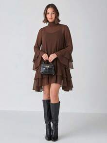 Enchnt Women's Solid Color Stand Collar Flare Sleeve Layered Ruffle Hem Fashion Dress - Coffee Brown - View 4