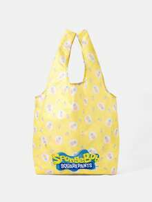 SpongeBob SquarePants | SHEIN Cartoon Printed Foldable Shopping Bag, Lightweight Waterproof Large Capacity Storage Bag, Suitable For Supermarket Purchases, Short Trips, Daily Commuting - Mustard Yellow - View 7