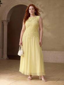 MOTF PREMIUM PLUS SIZE CONTRAST GUIPURE LACE SLEEVELESS DRESS - Yellow - View 8