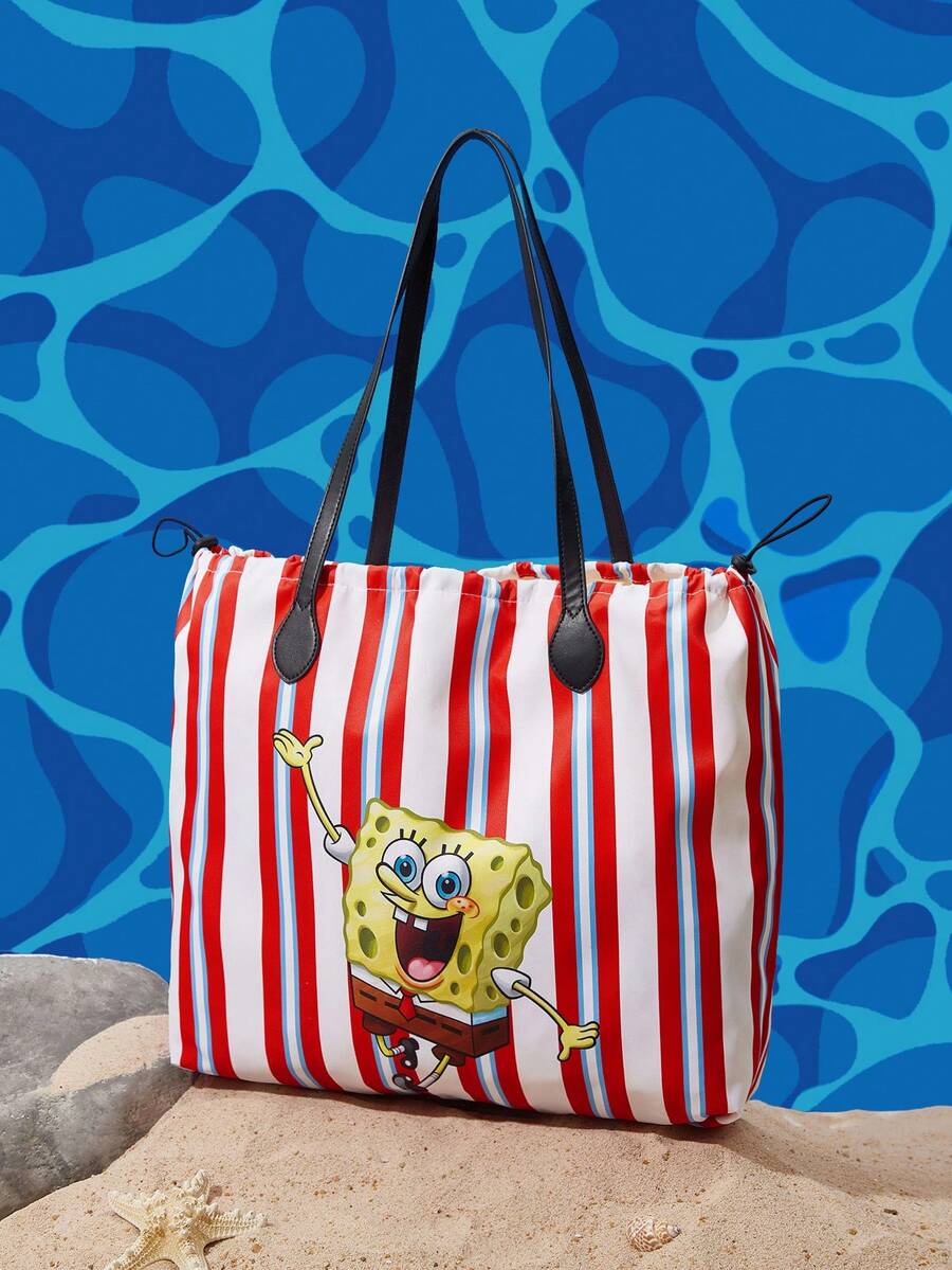 SpongeBob SquarePants | SHEIN 女款卡通印花圖案便利手提包 - 紅白條紋 - 查看 1