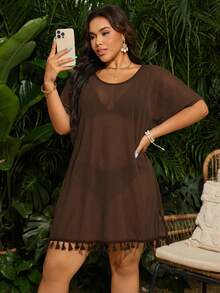 Swim Vcay Gaun Penutup Transparan Minimalis Serbaguna untuk Liburan Wanita Ukuran Plus dengan Rumbai dan Hiasan Patchwork di Bagian Bawah - Coffee Brown - View 3