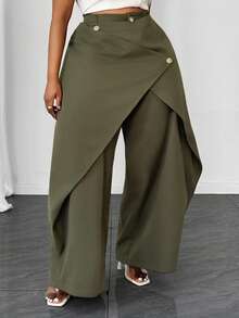 Maweii Plus Size Women's Solid Color Casual Versatile Daily Wide Leg Pants Fall - Army Green - View 6