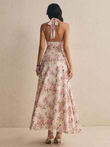 Poéselle Women's Floral Print Deep V-Neck Elegant Halter Dress - Apricot - View 7