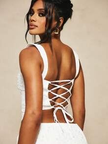 MISSGUIDED Women's White Broderie Anglaise Lace Up Back Corset Bustier Tank Top With Eyelet Embroidery And Tie Details - White - View 4