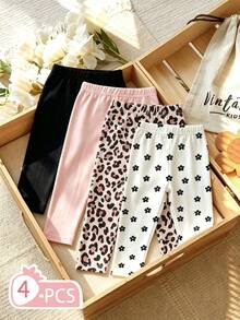 4pcs Girls Korean Style Slim Fit Leggings, Digital Print Heart Leopard Print Solid Color Multi-Print Elastic Waist Thin Tight Pants, Suitable For Daily Wear, Layering, Spring, Summer And Early Autumn - Multicolor - View 4