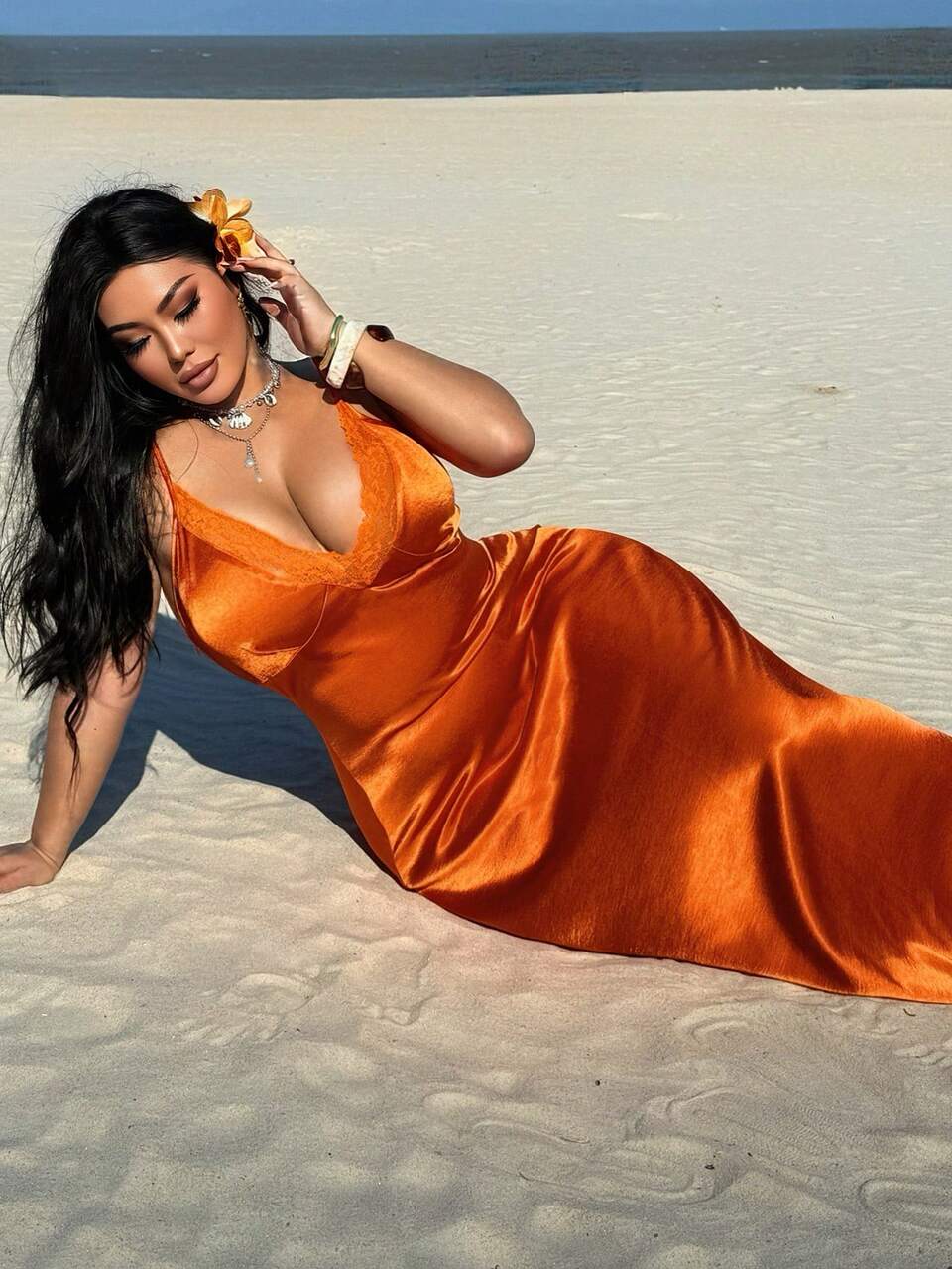 Dazy Plus Satin Fabric Bright Orange Lace Patchwork Deep V-Neck Banquet Spaghetti Strap Sleeveless Sexy Long Dress Plus Size Women's Spring/Summer Dress