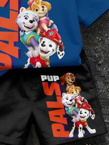 SHEIN | PAW Patrol 男嬰休閒簡約T恤套裝，適合夏季，撞色圖案印花，可愛小狗爪印，經典可愛勇敢動漫圖案印花，Chase、Rubble、小狗小隊圖案印花 - 彩色 - 查看 4