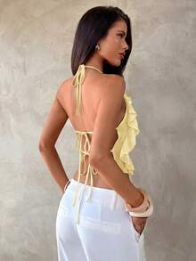 Aloruh Spring/Summer New Sexy Backless Lace-Up Design Hot Girl Sexy Slit Purple Elegant Multi-Layer Ruffle Decor Halter Neck Backless Top, Tank Top - Light Yellow - View 4