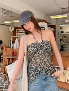Tideelle 女款夏季時尚度假性感豹紋不對稱裹身下擺露背掛脖上衣 - 白色 - 查看 5