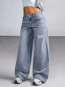 CasuGlow Low Waist Heavy Wash Slant Pocket Wide Leg Jeans - Light Wash - View 6