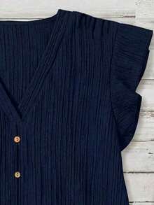 Mellowie Casual Minimalist Dark Blue Plus Size Shirt Suitable For Summer - Navy Blue - View 4