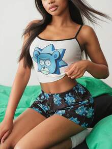 Rick and Morty X SHEIN Women's Cartoon Print Camisole Tank Top And Shorts Pajama Set,Teddy Rick - Black and White - View 3