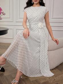 Modelyn 女款白色與黑色波點百褶3D花朵裝飾優雅70年代復古高級長洋裝，適合舞會、晚宴、派對與度假，夏季穿著 - 白色 - 查看 2