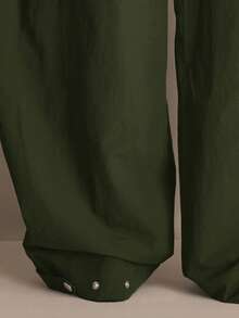 MUSERA Nylon Balloon Leg Button Hem Pleat Trousers Summer, Sporty, Casual, Day, Streetstyle, Streetwear - Army Green - View 5