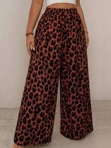 SHEIN VCAY Plus Size Women's Vacation Casual Loose All-Over Leopard Print Wide Leg Long Pants - Orange - View 1