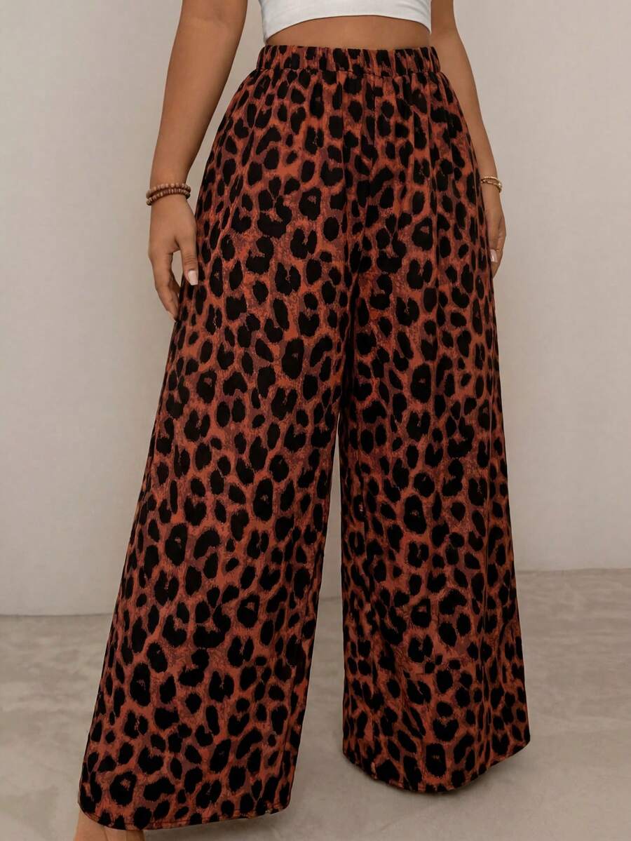 SHEIN VCAY Plus Size Women's Vacation Casual Loose All-Over Leopard Print Wide Leg Long Pants - Orange - View 1