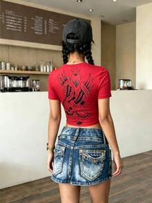 SHEIN LUNE 红色做旧心形图案短款女式上衣，休闲时尚。 - 紅色 - 查看 2
