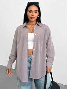 SHEIN Essnce Plus Size Women's Spring/Autumn Casual Traditional Loose Comfortable All-Match White Button Long Sleeve Shirt Outing Work Office Formal Top Teachers' Day - Brown - View 6