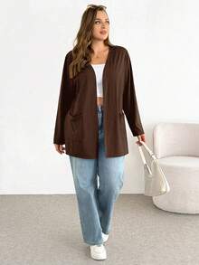 SHEIN Essnce Plus-Size Women's Spring/Summer Fashion Casual Loose Comfortable Basic Versatile Long-Sleeved Black Cardigan,Spring Outfits,Simple Style ,Work Tops - Brown - View 5