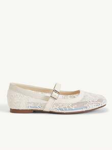 CUCCOO CHICEST Spring And Summer New Low Vamp Beige Lace Mesh Yarn With Flat-Soled Shoes, Fashionable And Elegant Commuting Versatile Mary Jane Women's Shoes - Fireworks net beige 2 # - View 3
