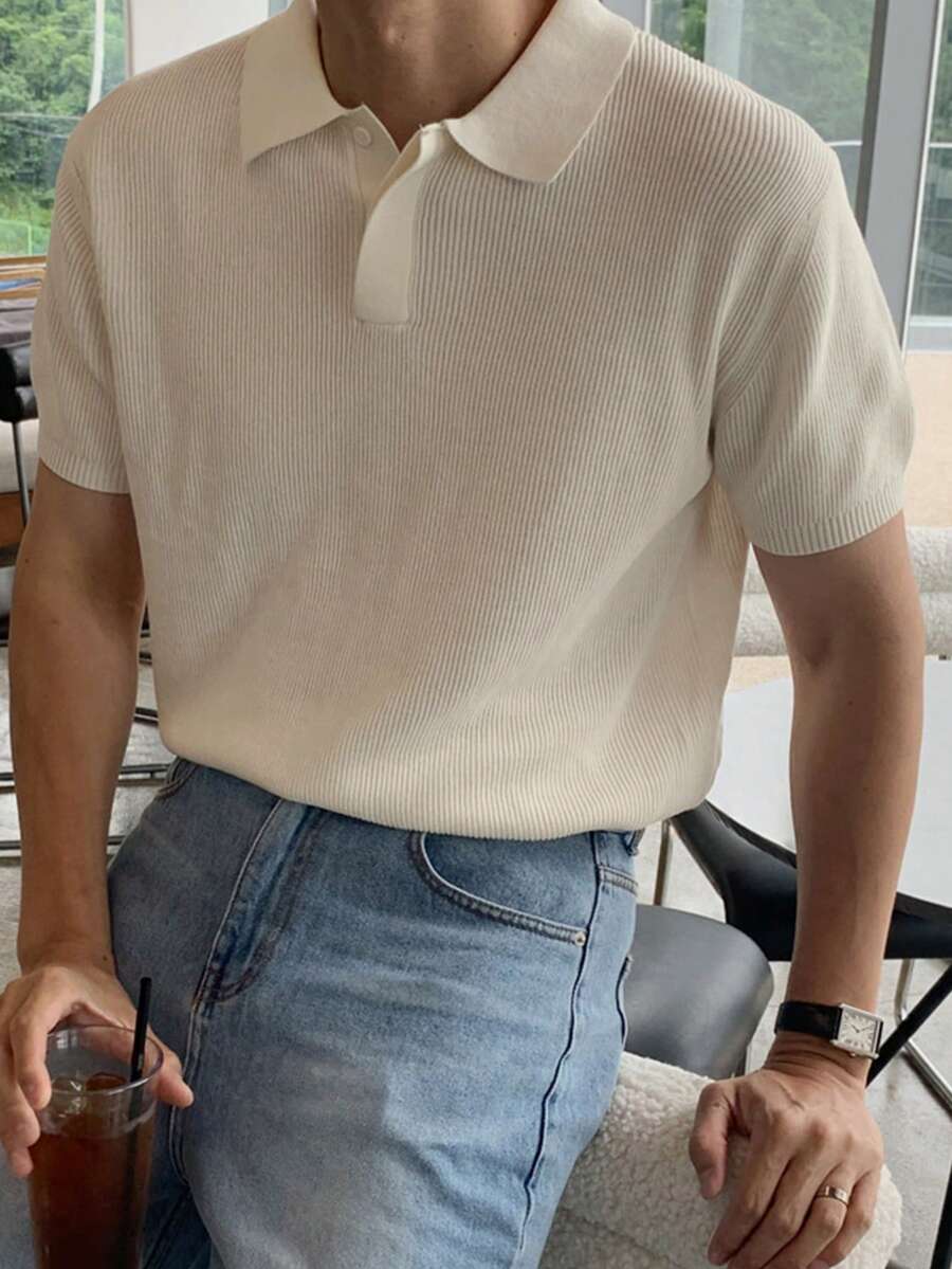 DAZY 男士夏季休闲半开襟纯色针织上衣商务装 - 米色 - 查看 1