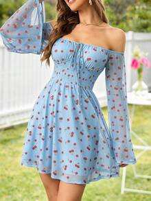 Vestido corto para mujer con mangas largas de hombros descubiertos, con estampado de cerezas y cierre delantero - Negro - Ver 10
