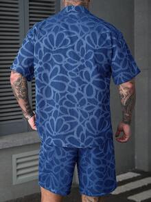 SLATEMANN Men's Plus Size Jacquard Denim Effect Short Sleeve Shirt And Shorts Set, Ceremony - Navy Blue - View 2