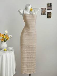 Sunnyshic Vestido de mujer con volantes en capas, jacquard, sin tirantes y con tirantes de espagueti - Caqui - Ver 6