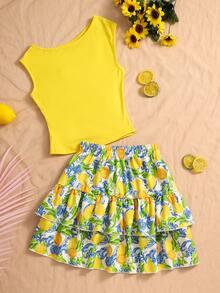 SHEIN Teen Girl Solid Color Pleated T-Shirt And All-Over Print Pleated Skirt Casual Daily Outfit Set - Multicolor - View 2